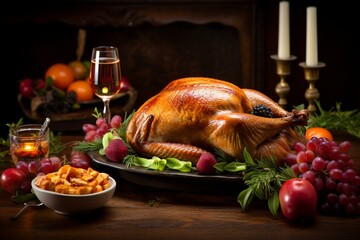 Side view of traditional Thanksgiving feast with turkey on beautifully decorated table. Generative AI