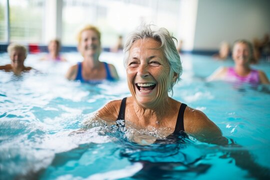 Active senior women enjoy an aqua fit class in a pool, exuding joy and camaraderie while embodying a healthy and retired lifestyle.
