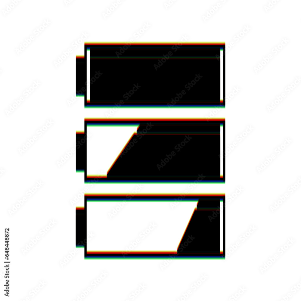 Aufkleber set of battery charge level indicators. black icon with vertical effect of color edge aberration at 