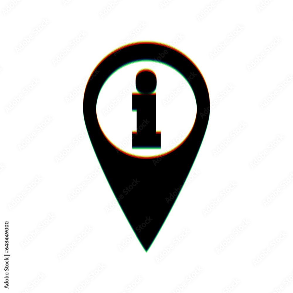 Aufkleber map pointer with information sign. black icon with vertical effect of color edge aberration at white
