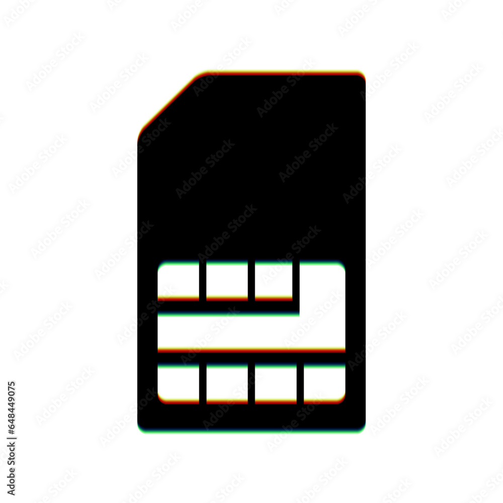Poster sim card sign. black icon with vertical effect of color edge aberration at white background. illustr