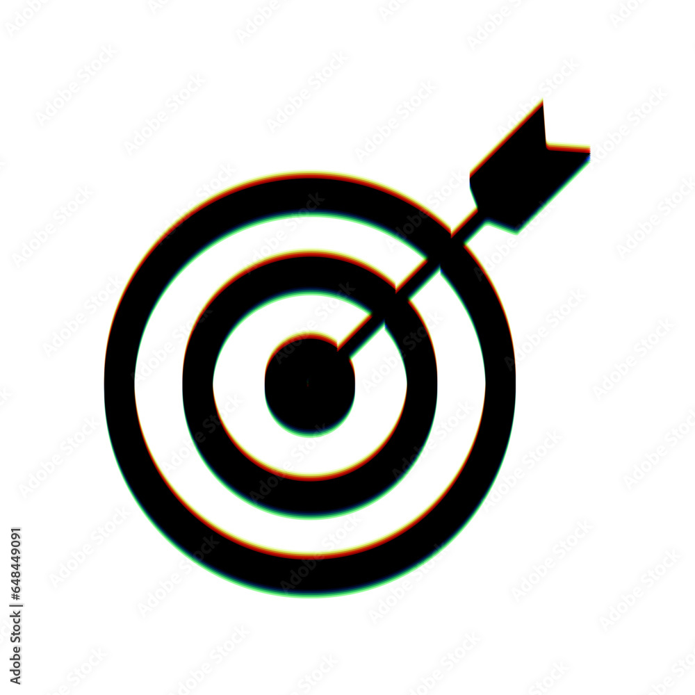 Aufkleber Target with dart. Black Icon with vertical effect of color edge aberration at white background. Illustration.