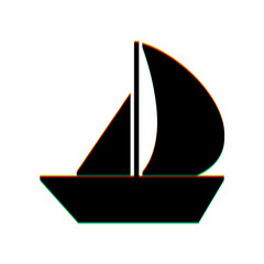 Sail Boat sign. Black Icon with vertical effect of color edge aberration at white background. Illustration.