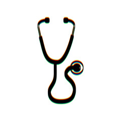 Stethoscope sign illustration. Black Icon with vertical effect of color edge aberration at white background. Illustration.