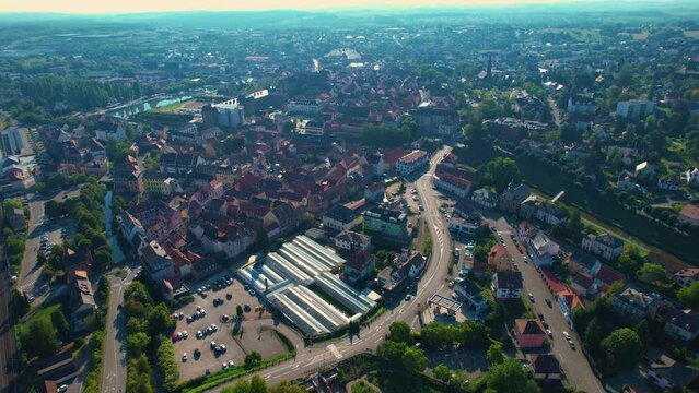 Aerial of the old town around the city Saverne in France
