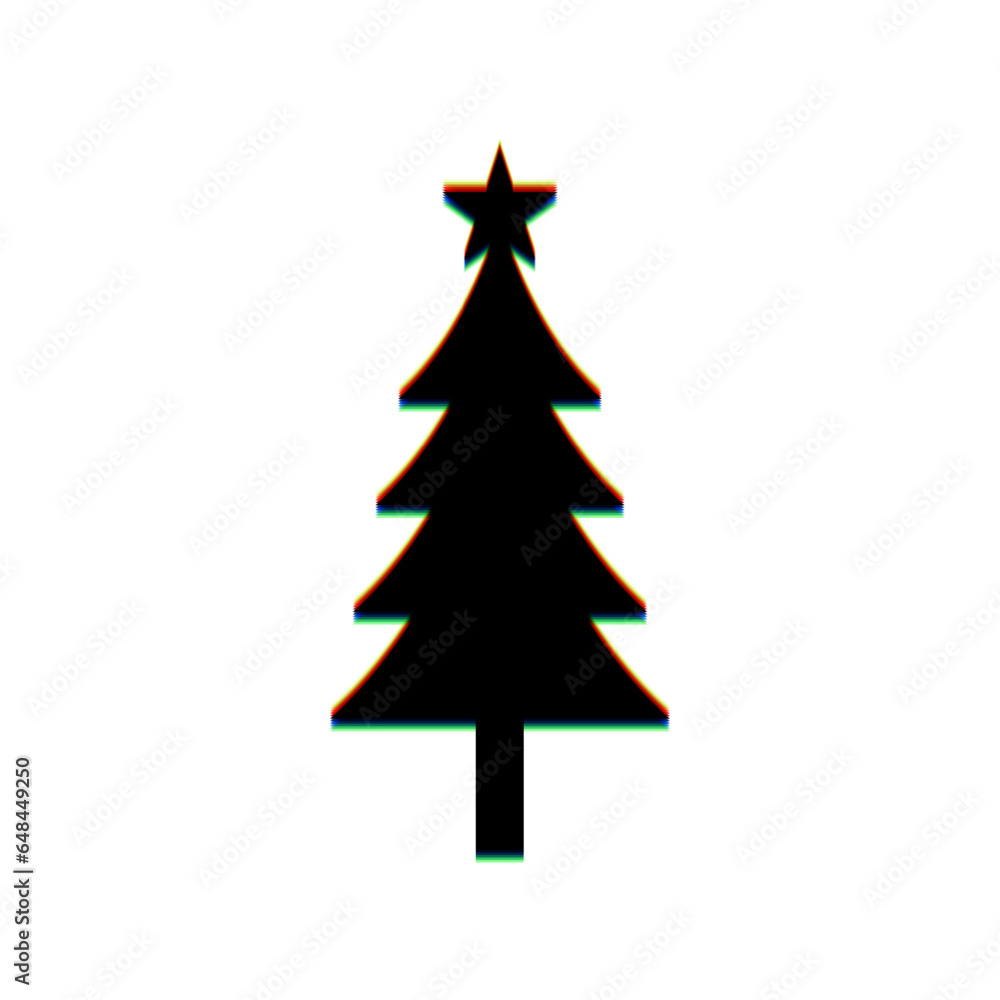 Poster new year tree sign. black icon with vertical effect of color edge aberration at white background. il