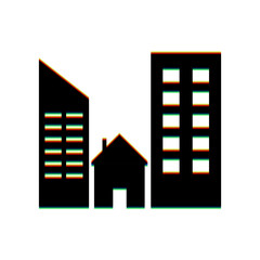 Real estate sign. Black Icon with vertical effect of color edge aberration at white background. Illustration.