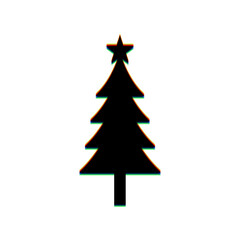 New year tree sign. Black Icon with vertical effect of color edge aberration at white background. Illustration.