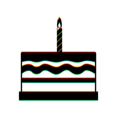 Birthday cake sign. Black Icon with vertical effect of color edge aberration at white background. Illustration.