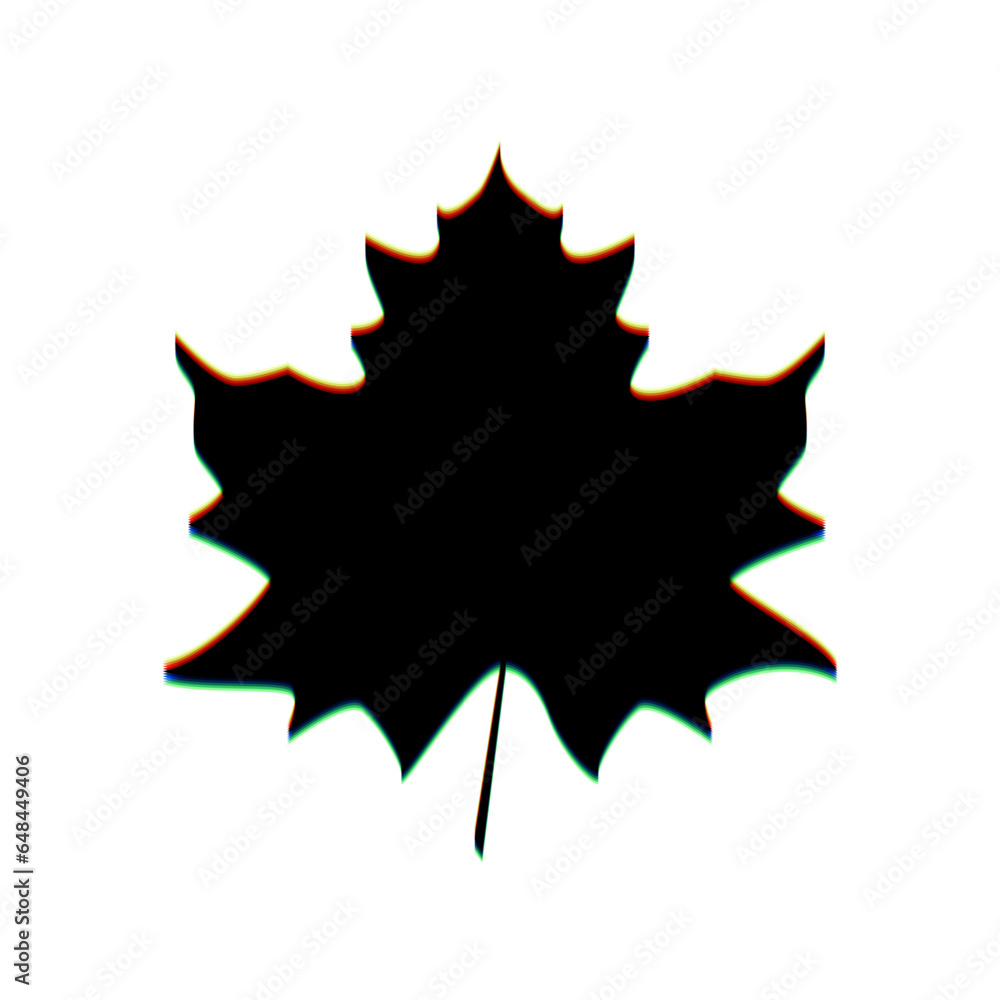Poster maple leaf sign. black icon with vertical effect of color edge aberration at white background. illus
