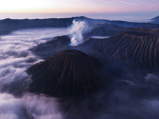 Amazing Mount Bromo volcano during sunrise from king kong viewpoint on Mountain Penanjakan in Bromo Tengger Semeru National Park,East Java,Indonesia.Nature landscape background