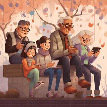 Generations Connecting: photos of young and older generations spending quality time together, bridging generational gaps, and sharing experiences. AI Generated