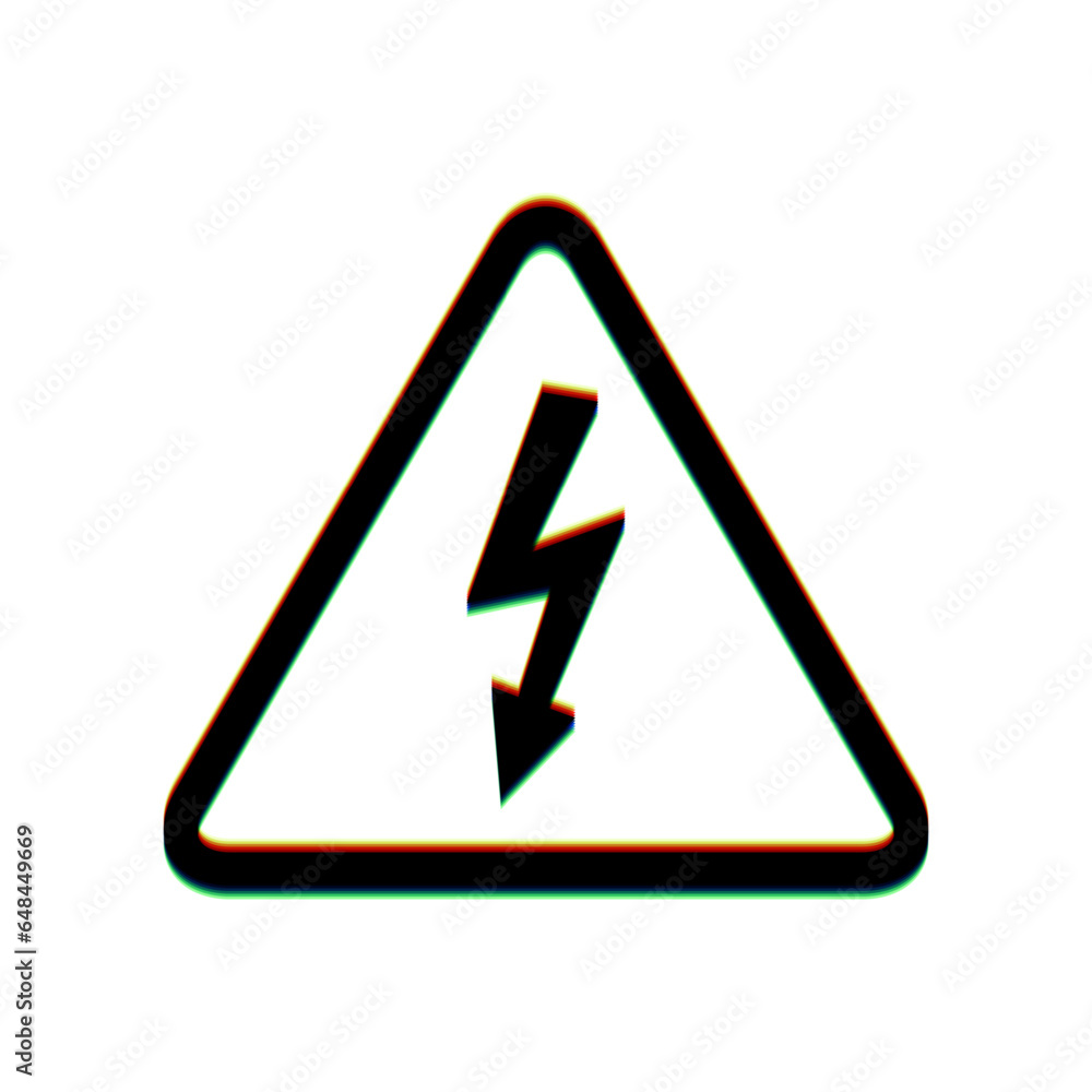 Poster high voltage danger sign. black icon with vertical effect of color edge aberration at white backgrou