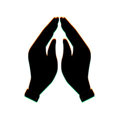 Hand icon illustration. Prayer symbol. Black Icon with vertical effect of color edge aberration at white background. Illustration.