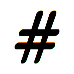Hashtag sign illustration. Black Icon with vertical effect of color edge aberration at white background. Illustration.