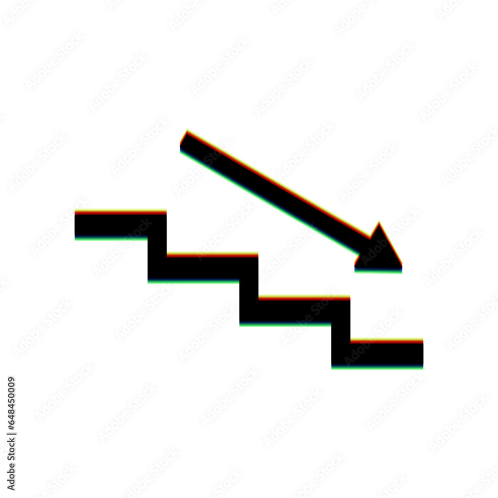 Poster stair down with arrow. black icon with vertical effect of color edge aberration at white background.