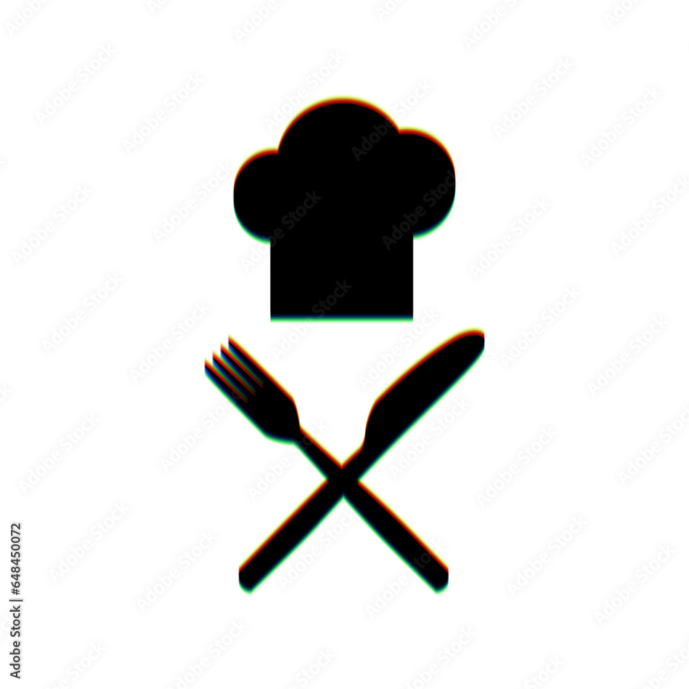 Poster chef with knife and fork sign. black icon with vertical effect of color edge aberration at white bac