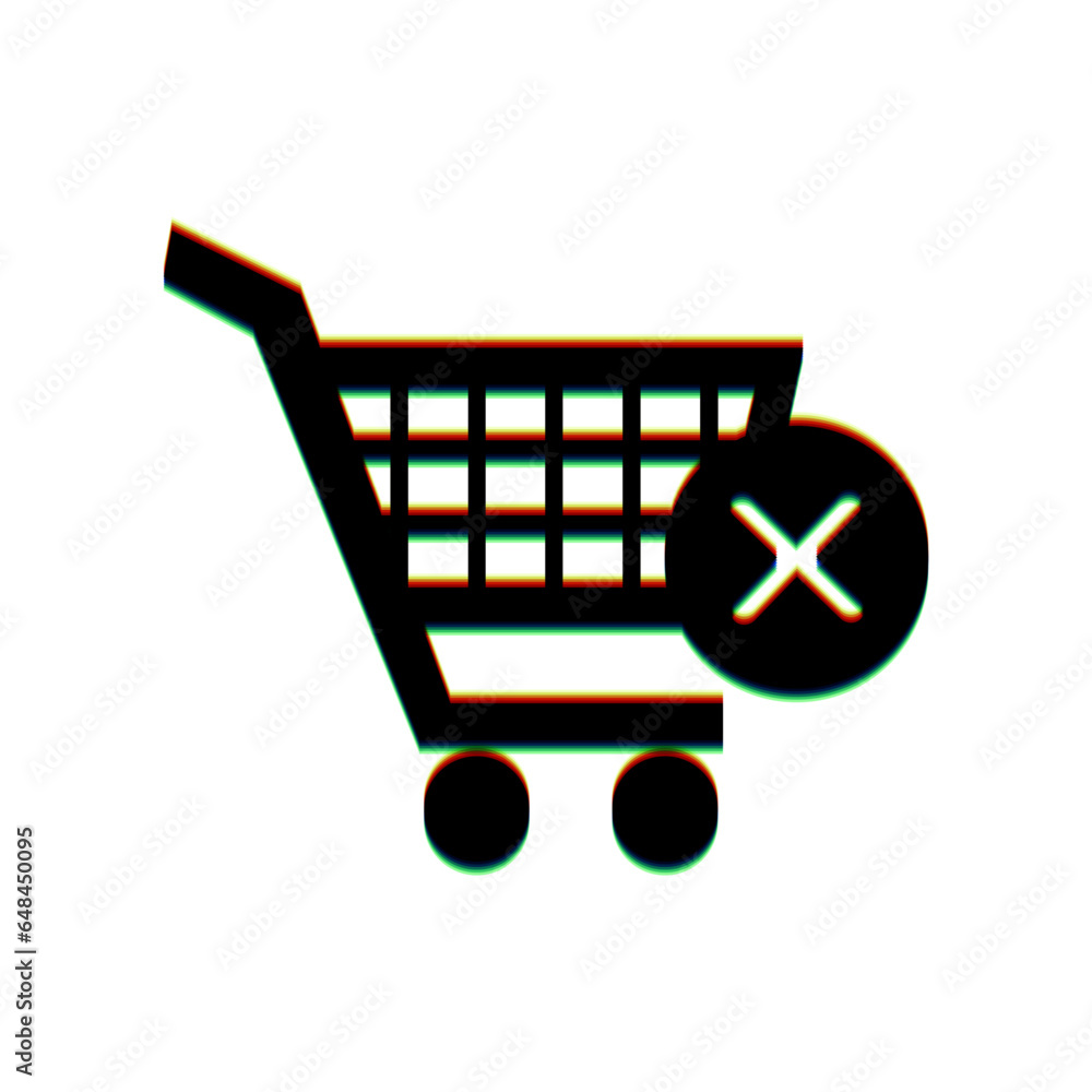 Poster shopping cart with delete sign. black icon with vertical effect of color edge aberration at white ba