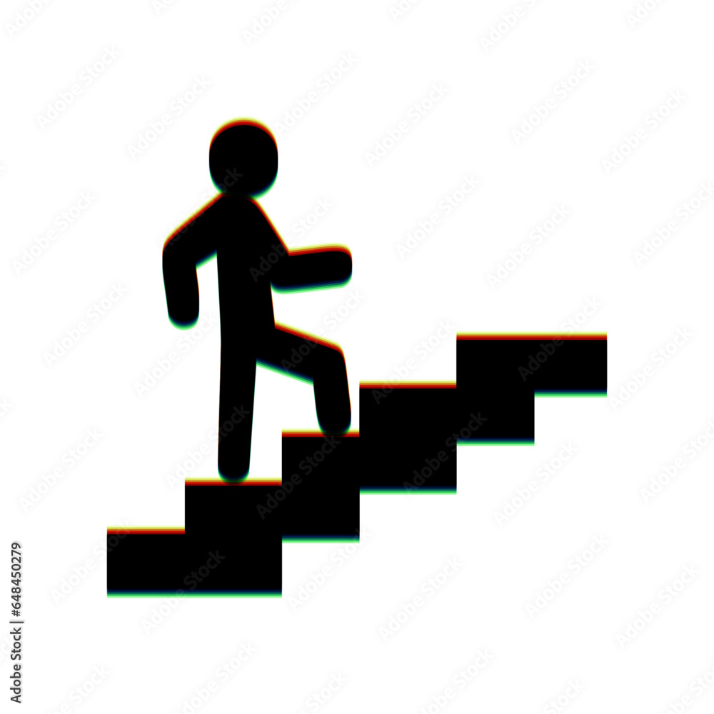 Poster man on stairs going up. black icon with vertical effect of color edge aberration at white background