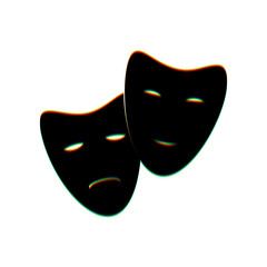 Theater icon with happy and sad masks. Black Icon with vertical effect of color edge aberration at white background. Illustration.