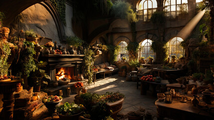 Fantasy garden room in the castle with fireplace. - obrazy, fototapety, plakaty