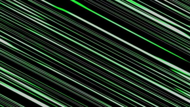 Abstract digital background animated with diagonal green and white lines on a black backdrop. Suitable for technology-themed designs.
