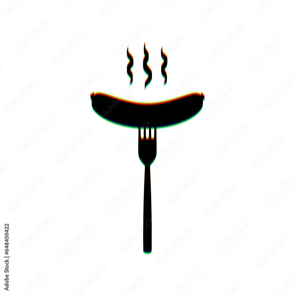 Poster sausage on fork sign. black icon with vertical effect of color edge aberration at white background. 
