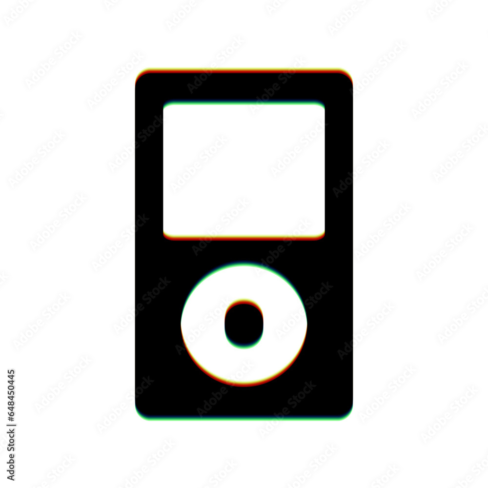 Aufkleber portable music device. black icon with vertical effect of color edge aberration at white background.