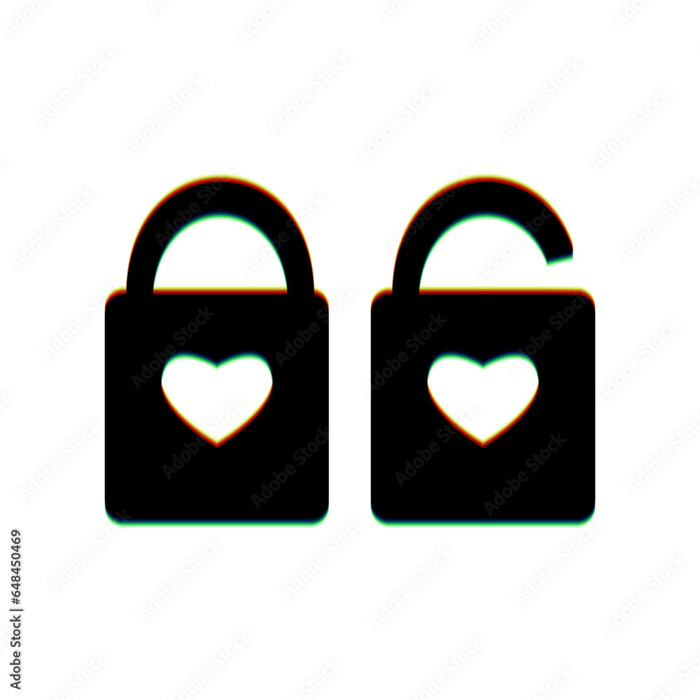 Poster lock sign with heart shape. black icon with vertical effect of color edge aberration at white backgr