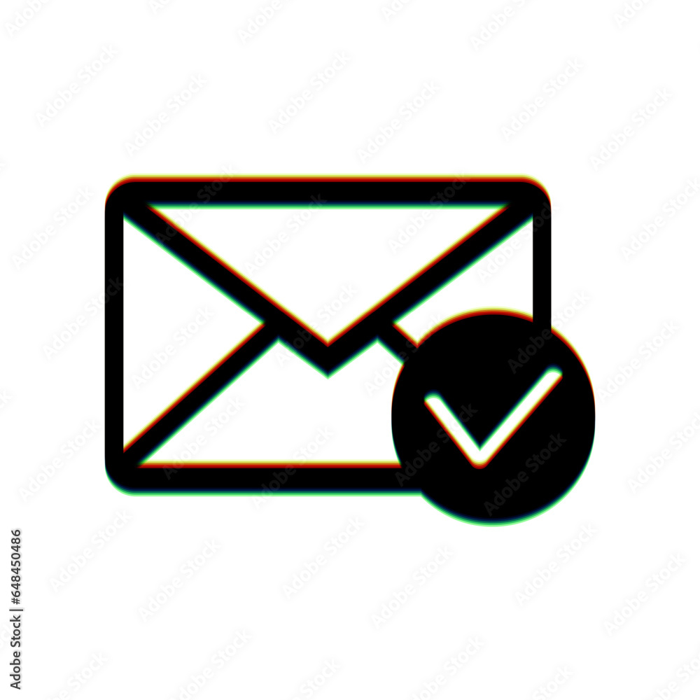 Aufkleber mail sign illustration with allow mark. black icon with vertical effect of color edge aberration at 