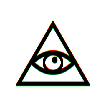 All seeing eye pyramid symbol. Freemason and spiritual. Black Icon with vertical effect of color edge aberration at white background. Illustration.