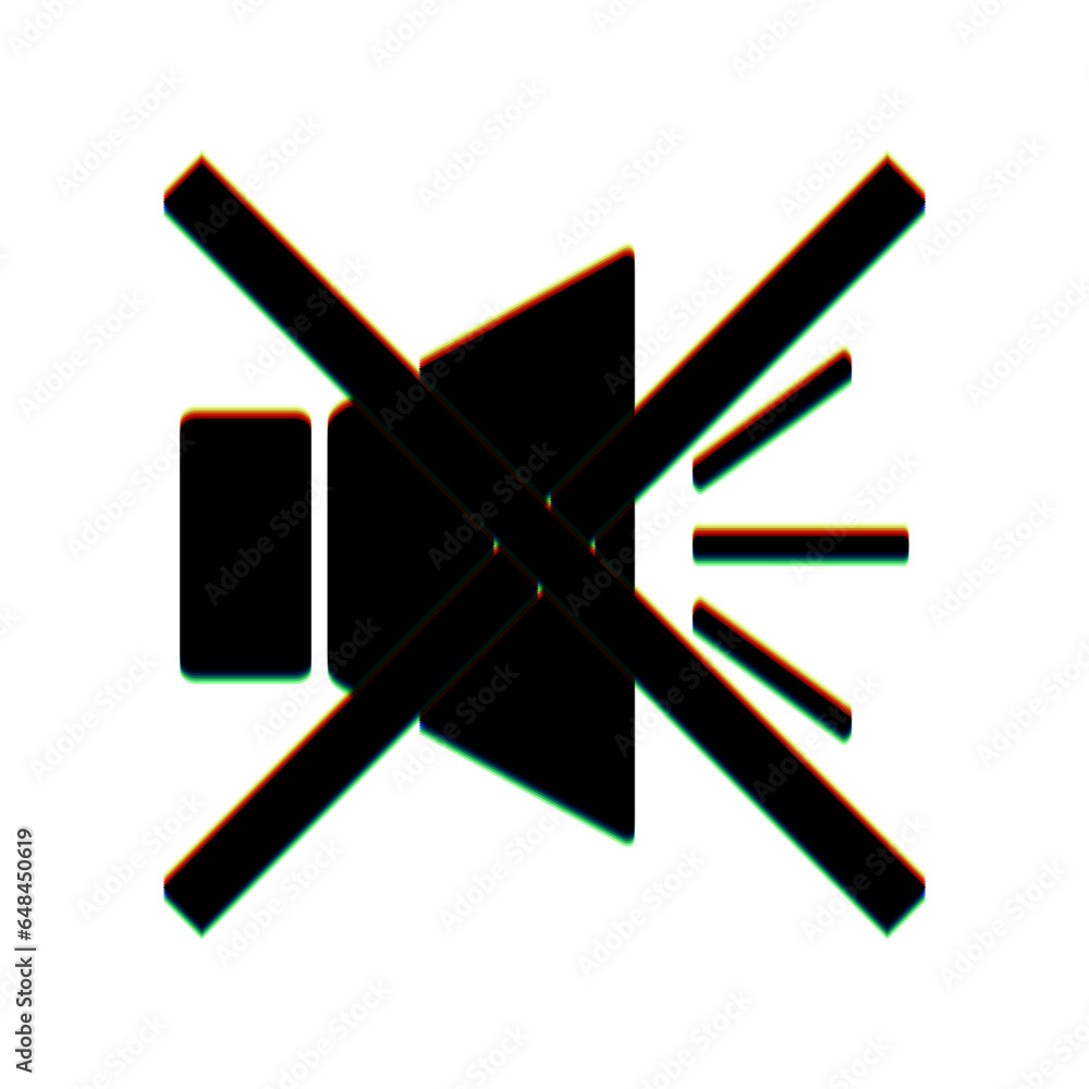 Poster sound sign illustration with mute mark. black icon with vertical effect of color edge aberration at 