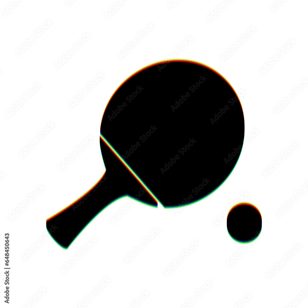 Aufkleber ping pong paddle with ball. black icon with vertical effect of color edge aberration at white backgr