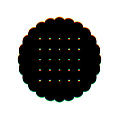 Round biscuit sign. Black Icon with vertical effect of color edge aberration at white background. Illustration.