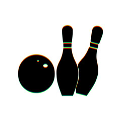 Bowling sign illustration. Black Icon with vertical effect of color edge aberration at white background. Illustration.