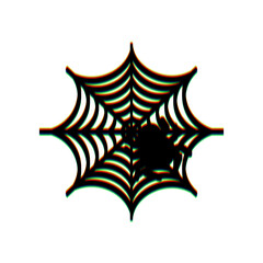Spider on web illustration. Black Icon with vertical effect of color edge aberration at white background. Illustration.