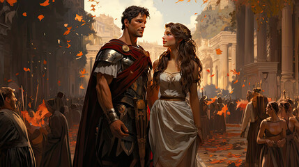 Fantasy illustration of a roman knight and a beautiful woman in love.