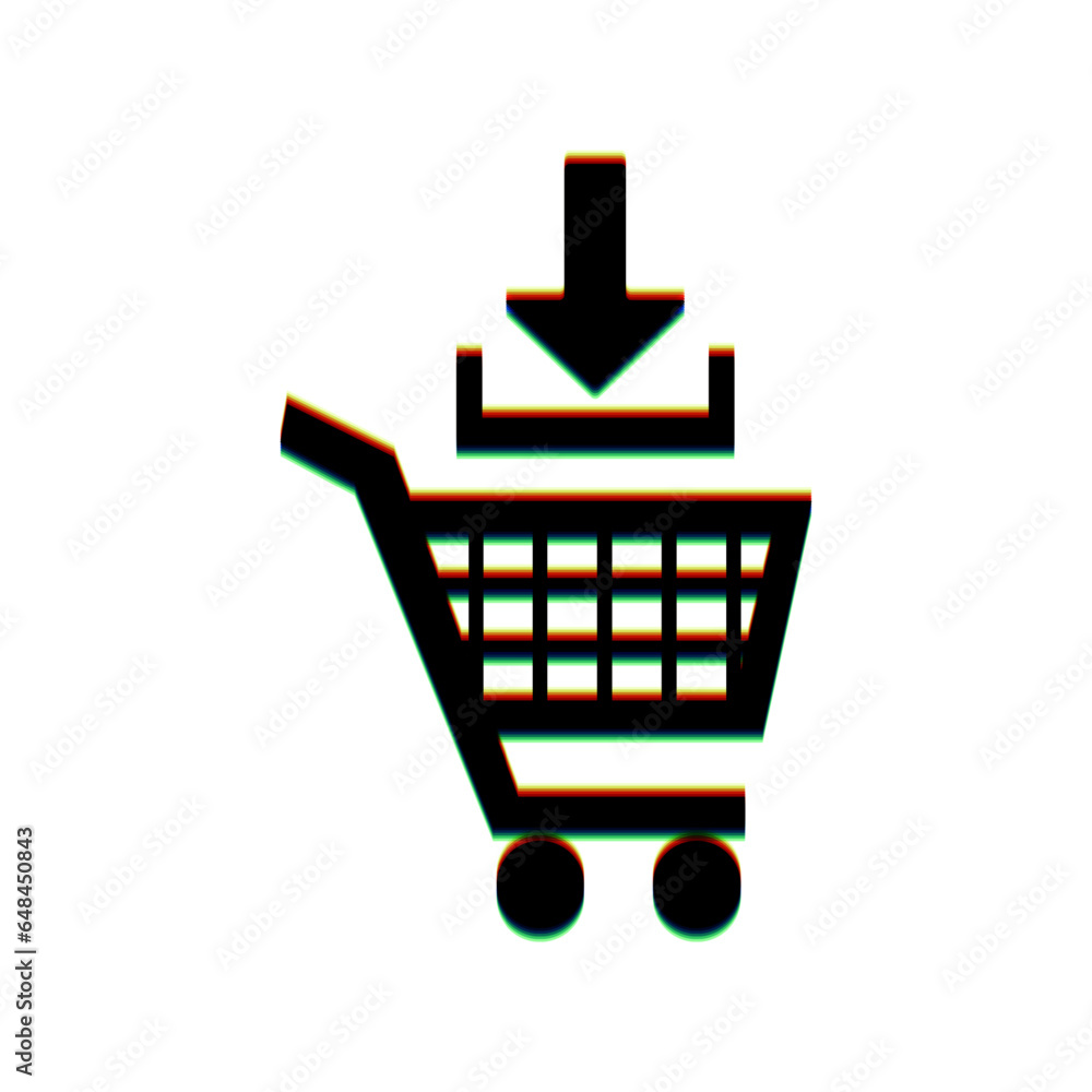 Poster add to shopping cart sign. black icon with vertical effect of color edge aberration at white backgro