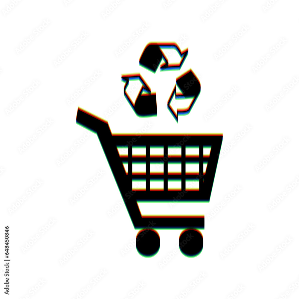 Aufkleber shopping cart icon with a recycle sign. black icon with vertical effect of color edge aberration at 