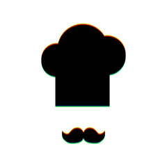 Chef hat and moustache sign. Black Icon with vertical effect of color edge aberration at white background. Illustration.