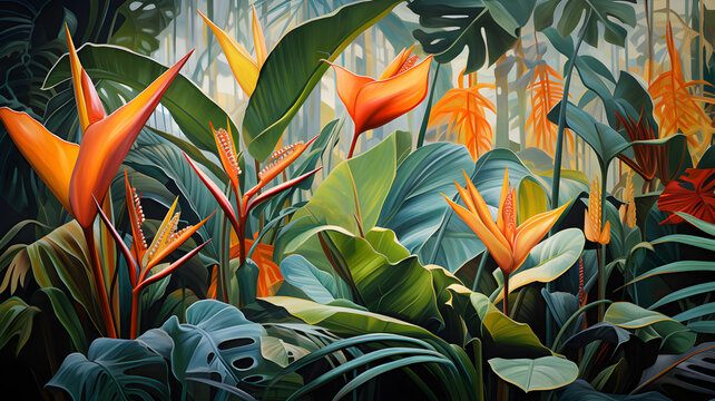 Bird of paradise or Strelitzia Reginae, Tropical foliage watercolor illustration