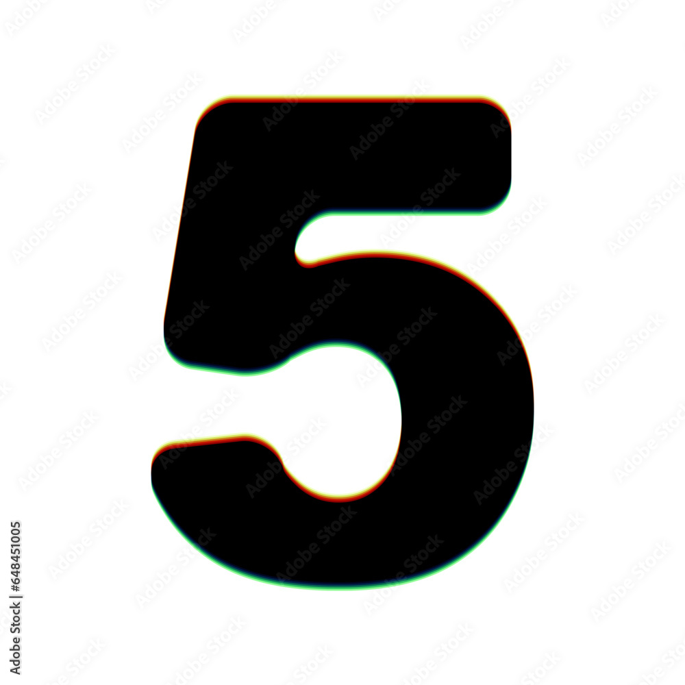 Poster number 5 sign design template element. black icon with vertical effect of color edge aberration at w