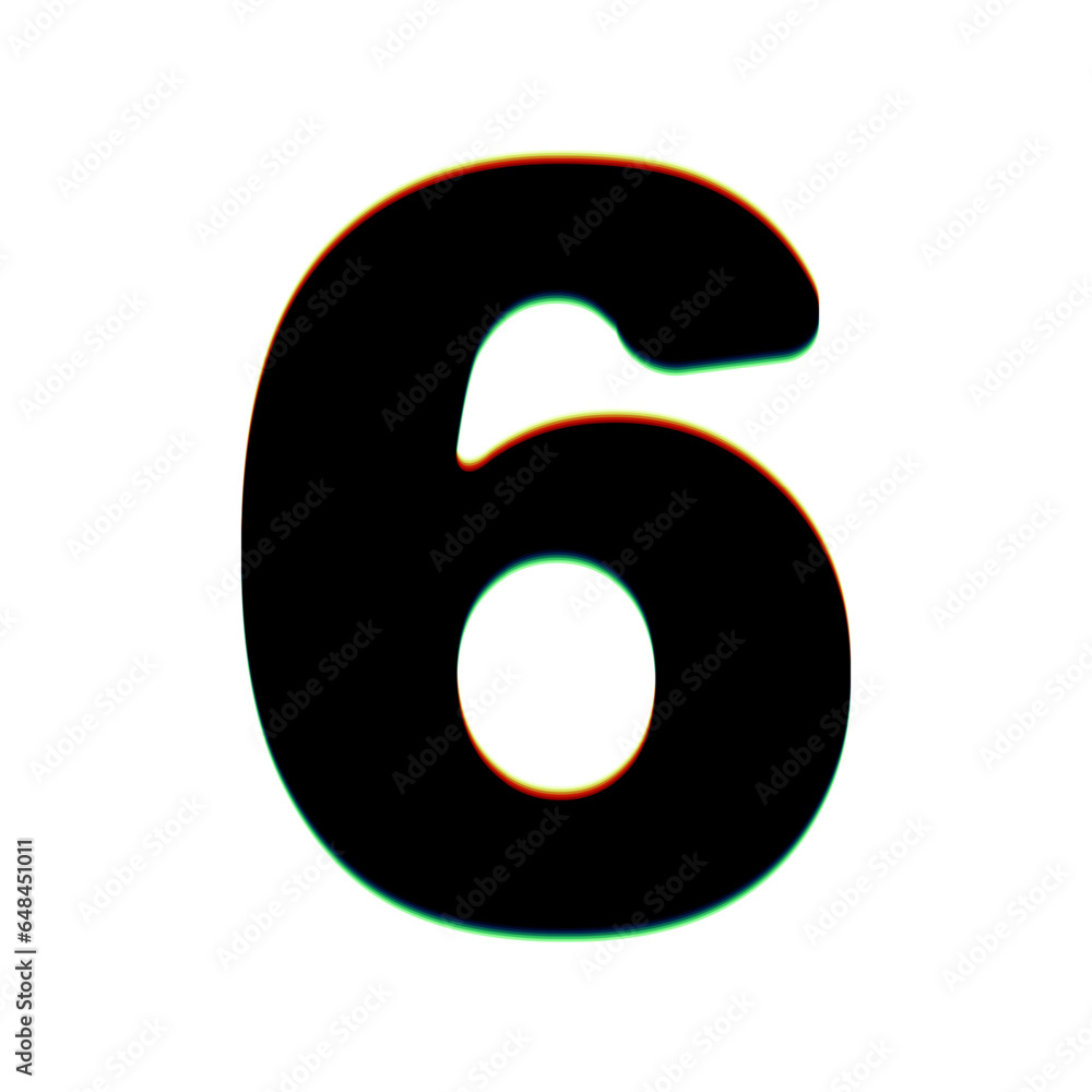 Poster number 6 sign design template element. black icon with vertical effect of color edge aberration at w