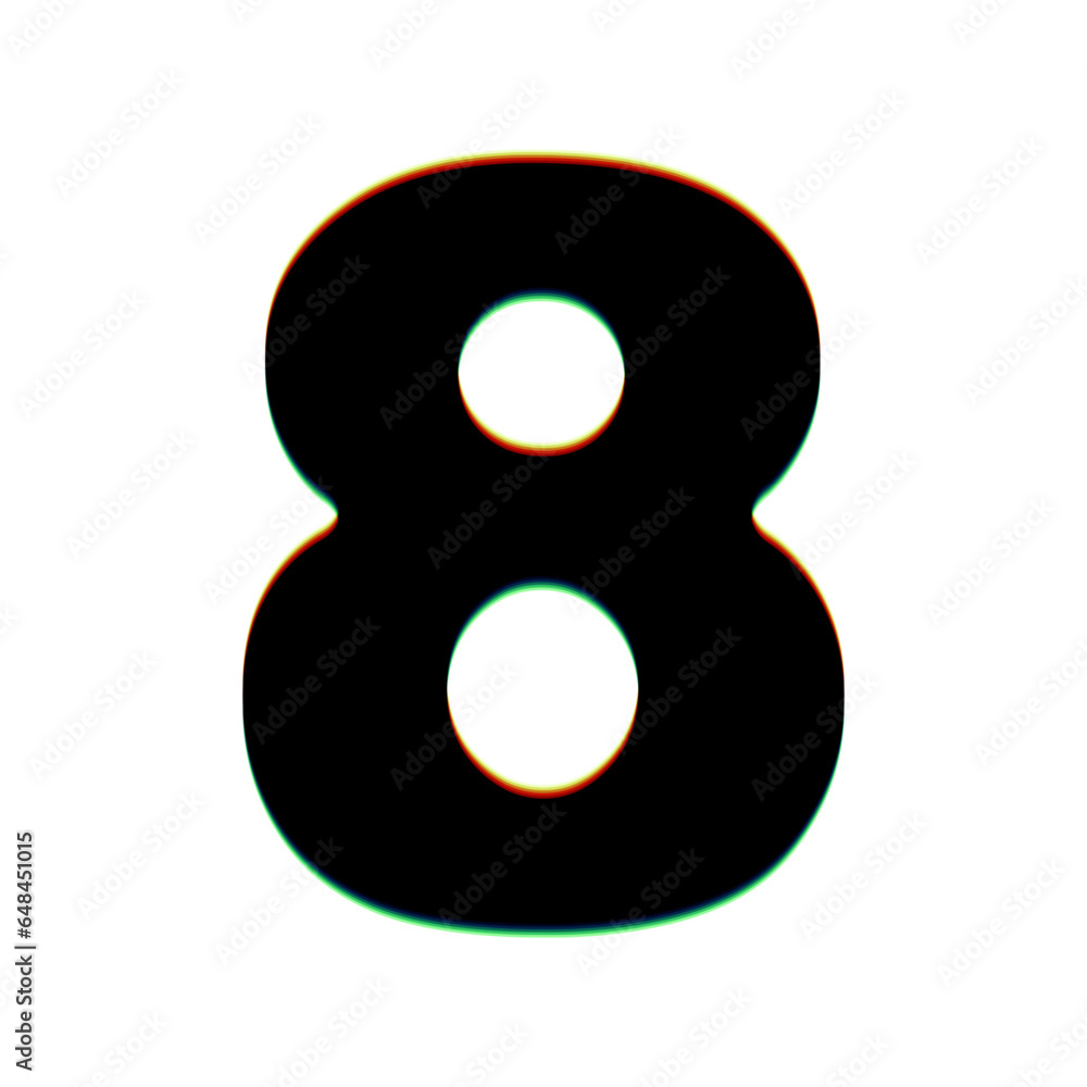 Poster number 8 sign design template element. black icon with vertical effect of color edge aberration at w