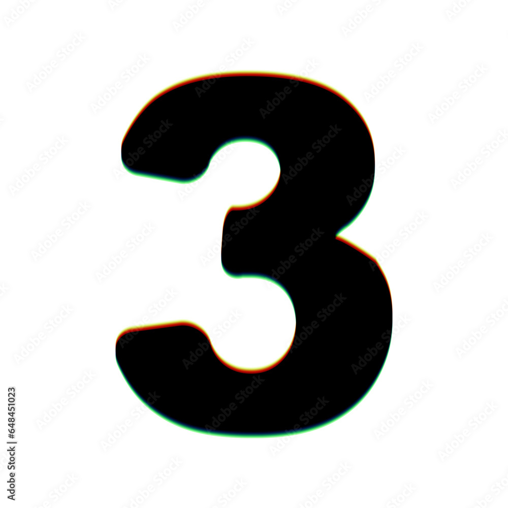 Poster number 3 sign design template element. black icon with vertical effect of color edge aberration at w