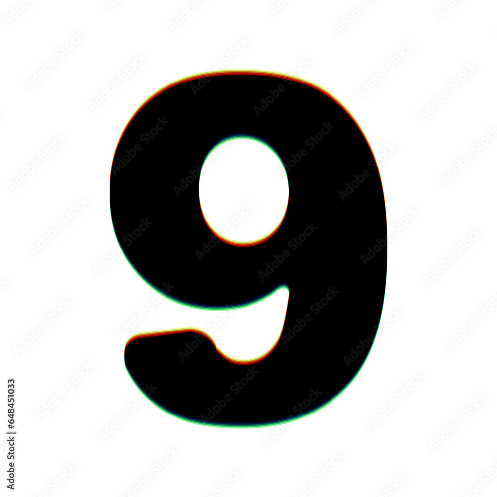 Poster number 9 sign design template element. black icon with vertical effect of color edge aberration at w