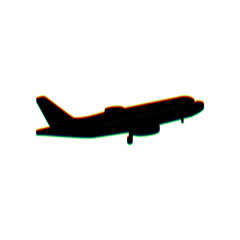 Flying Plane sign. Side view. Black Icon with vertical effect of color edge aberration at white background. Illustration.
