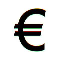 Euro sign. Black Icon with vertical effect of color edge aberration at white background. Illustration.