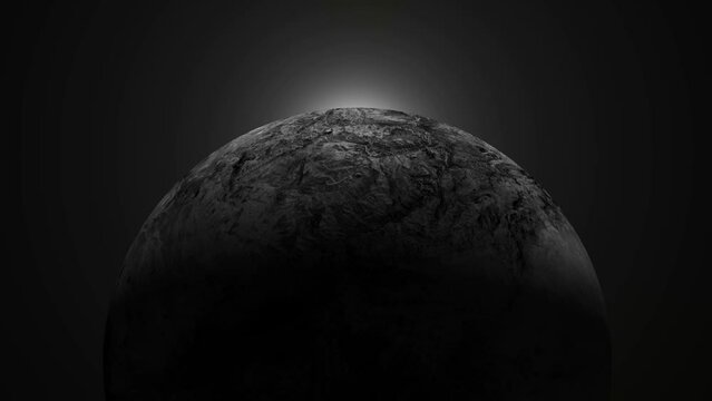 Monochrome image of a textured sphere with a dramatic light source above, creating a mysterious and moody atmosphere.