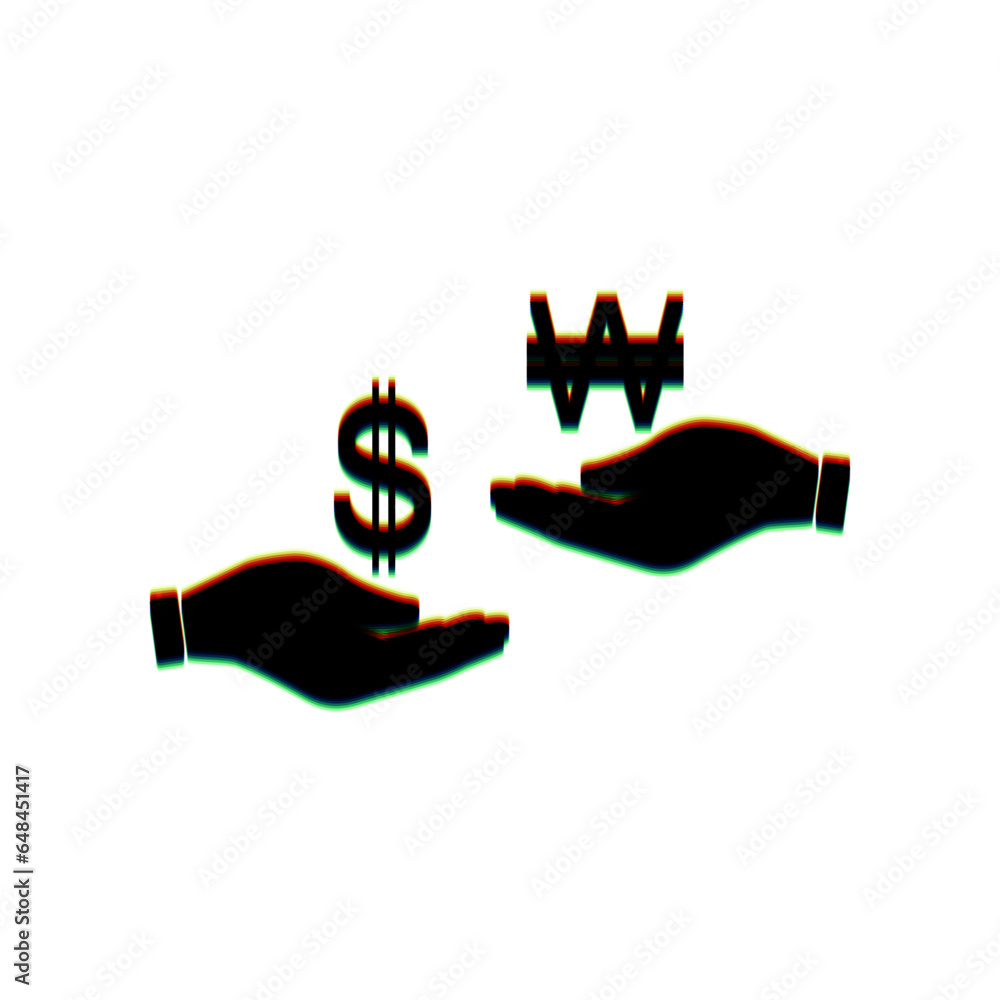 Poster currency exchange from hand to hand. dollar and won. black icon with vertical effect of color edge a